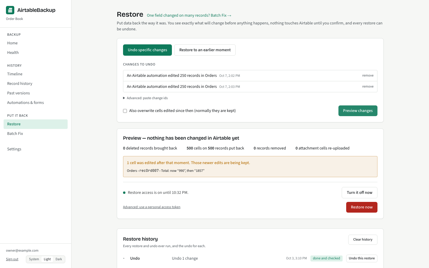 A restore preview: the sentences "3 records will be put back" and "1 cell was edited after that moment — newer edits are being kept", above the Restore now button.